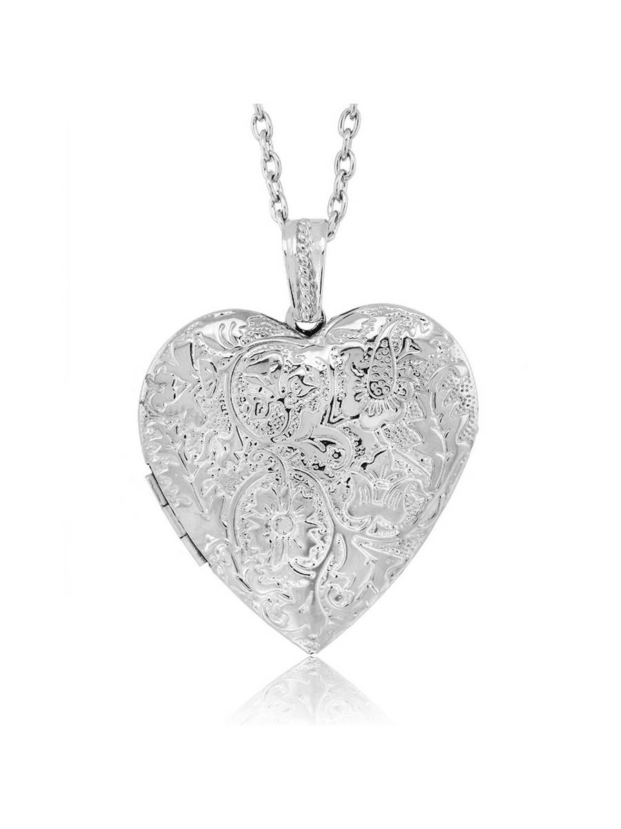Locket Pendant Necklace Charm 1.5″ Engraved Flowers Heart Shape Locket Pendant Necklace Charm 1.5″ Engraved Flowers Heart Shape